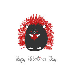 Kid fashion graphic with smile black hedgehog with red needles and doodle heart. Vector hand drawn illustration. Baby t-shirt print funny quote. St valentine day love greeting card