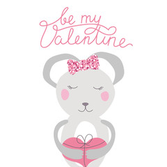 Kid fashion graphic with smile mouse with pink heart. Vector hand drawn illustration and text - be my Valentine. Baby t-shirt print funny handwriting quote with slogan. Love greeting card design