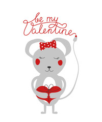 Kid fashion graphic with smile mouse with red heart. Vector hand drawn illustration and text - be my Valentine. Baby t-shirt print funny handwriting quote with slogan. Love greeting card design