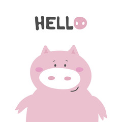 Child shower poster with cute pig and  hand drawn text with stylised letter piglet. Vector funny animal for baby graphic suit printing. Kid print with lettering - HELLO. Greeting card design
