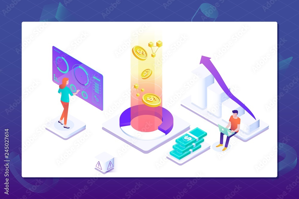 Poster Data visualization concept. People interacting with charts and analysing statistics