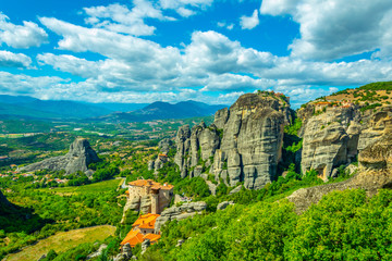 Monasteries of Varlaam, Roussanou, Saint Nicholas Anapavsa and great meteor monastery at Meteora,...