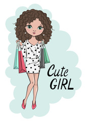 Hand drawn beautiful cute little girl in fashion clothes with shopping bags. Sketch. Vector illustration in cartoon style