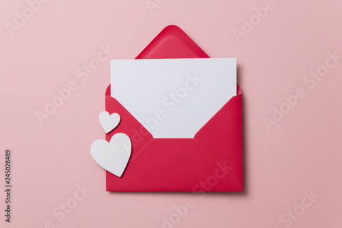 Love letter. white card with red paper envelope mock up