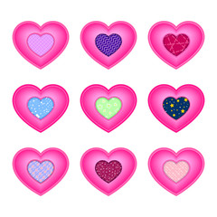 Set of hearts for Valentine's day. Textile inserts with patterns. Vector