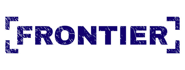 FRONTIER label seal print with distress texture. Text title is placed between corners. Blue vector rubber print of FRONTIER with corroded texture.