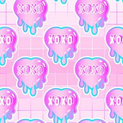 Seamless pattern with heart patches with “xoxo” text. Vector wallpaper with stickers in pastel goth style. Pink gradient background.	