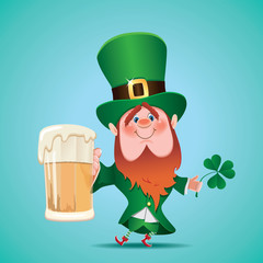 Saint Patrick's Day concept.Catroon of Leprechaun with clover in his hand is toasted with a mug of foamy beer.