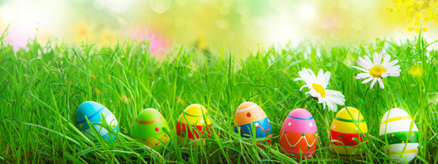 Frohe Ostern Hintergrund Ostereier bunt auf Wiese mit Hintergrund 