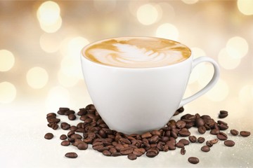 Flat white coffee and beans