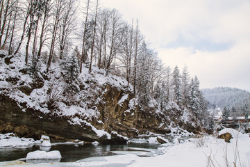 Beautiful forest landscape in Yaremche on the river Prut, near waterfall Probiy