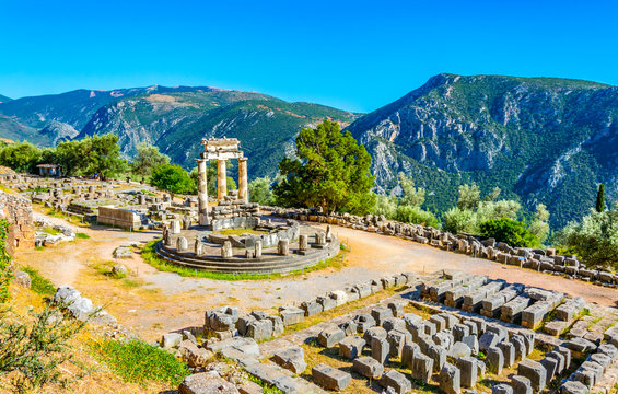 Ruins of temple of Athena Pronaia at Delphi, Greece