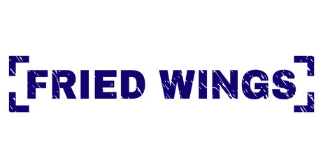 FRIED WINGS text seal print with grunge style. Text title is placed between corners. Blue vector rubber print of FRIED WINGS with corroded texture.