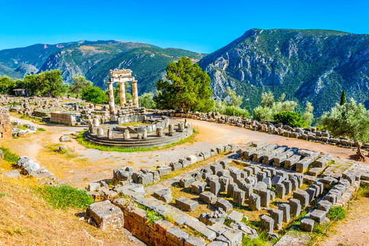 Ruins of temple of Athena Pronaia at Delphi, Greece