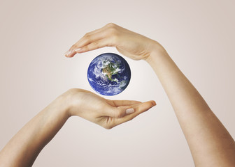 Shape from hands and world on a white background