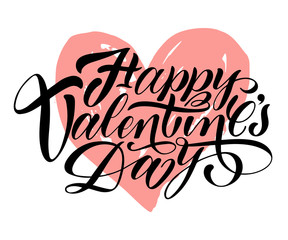 Hand calligraphy lettering text with pink heart: Happy Valentine day.