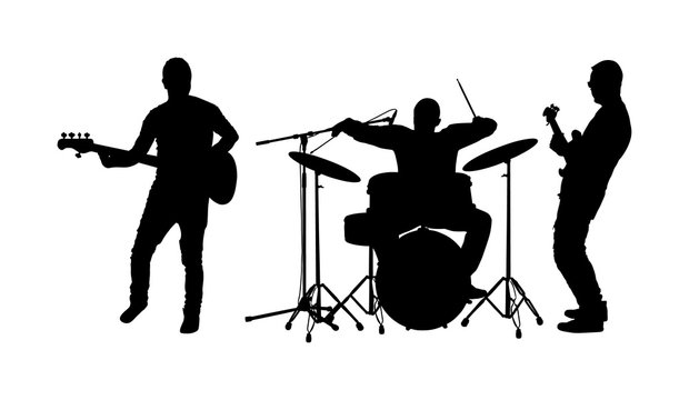 Rock and roll band vector silhouette illustration. Musician play bass guitar and drums on stage. Super star music concert show. Great event for fan supporters. Drummer and guitarists players.