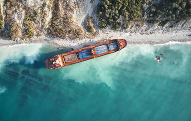 GELENDZHIK, RUSSIA - JAN 19, 2019: The ship called Rio ran aground after a storm in the black sea. The ship went to the port of Novorossiysk for loading