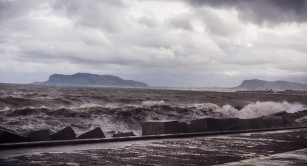 Storm on Palermo, Waves and Coast of Sicily, Italy