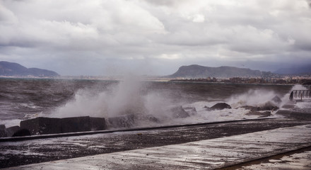Storm on Palermo, Waves and Coast of Sicily, Italy