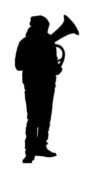 recommend clip art: Tenor horn player vector silhouette. Music man play wind instrument. Music artist. Jazz man saxhorn. Bugler street performer. Musician play trumpet. Entertainment for public. Classic music event.