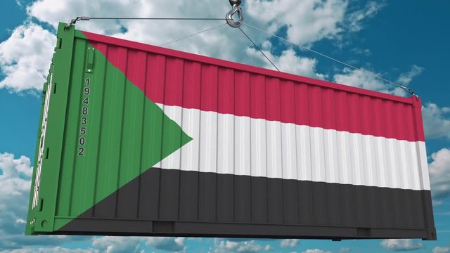 Loading container with flag of Sudan. Sudanian import or export related conceptual 3D animation