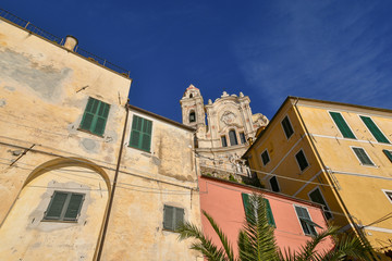 Fototapeta na wymiar View of the medieval village of Cervo Ligure, elected as one of the most beautiful borough in Italy, with St John the Baptist church also called 