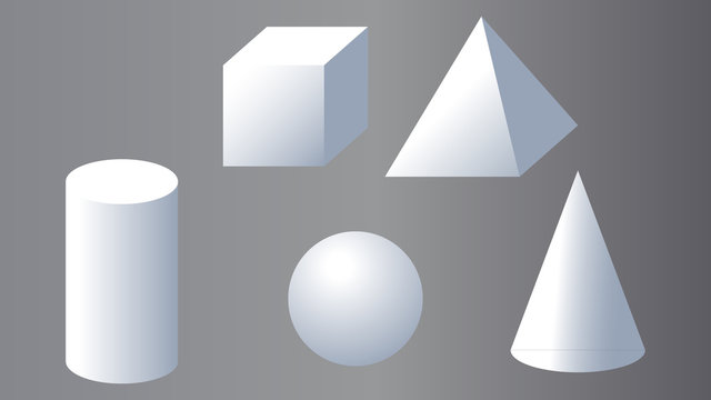 Cube, prism, pyramid, cylinder and cone on grey background. Geometry vector