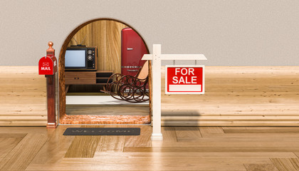 Naklejka premium Mouse home with sign For Sale, 3D rendering