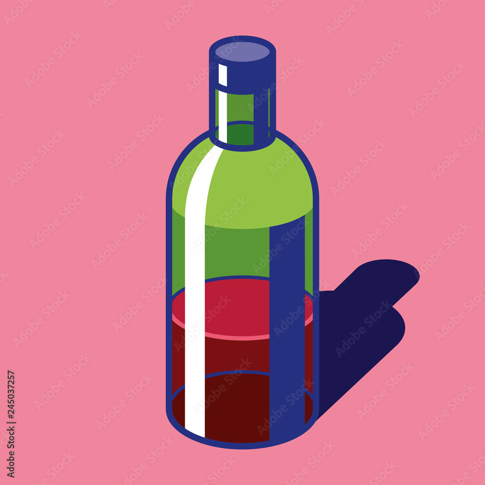 Poster bottle of wine with flat style. transparent glass object on color background. simple volume vector e