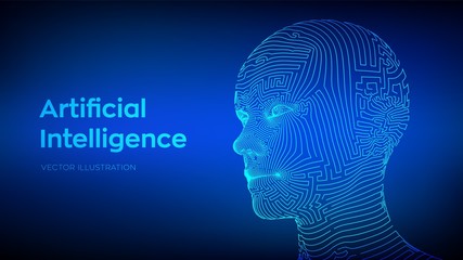 AI. Artificial intelligence concept. Ai digital brain. Abstract digital human face. Human head in robot digital computer interpretation. Robotics concept. Wireframe head concept. Vector illustration.