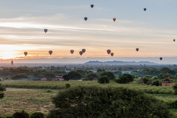 Balloons over Bagan and the skyline of its temples, Myanmar