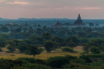Fototapeta na wymiar Skyline of temples in Bagan during sunrise, Myanmar