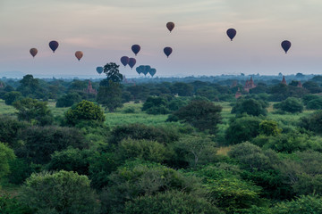 Balloons over Bagan and the skyline of its temples, Myanmar