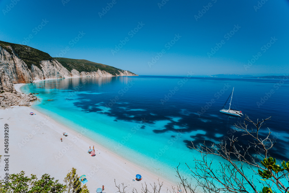 Wall mural breathtaking view of famous fteri beach, kefalonia, greece ionian islands. summer adventure vacation