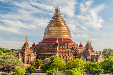 Dhammayazika Pagoda in Bagan, Myanmar. Pagoda is under a scaffolding because of repairs after the earthquake of 2016.