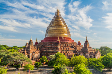 Dhammayazika Pagoda in Bagan, Myanmar. Pagoda is under a scaffolding because of repairs after the earthquake of 2016.