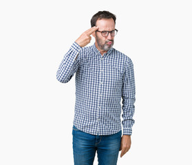 Fototapeta premium Handsome middle age elegant senior man over isolated background Shooting and killing oneself pointing hand and fingers to head, suicide gesture.