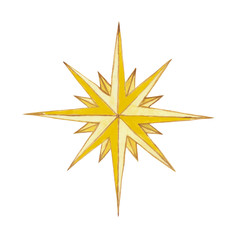 Sixteen-pointed Yellow Watercolor Star in vintage style.