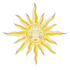 Illustration of a sun with a human face in vintage style.