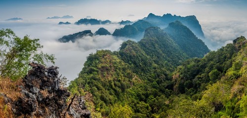 Mountains around Mt Zwegabin in a mist near Hpa An, Myanmar