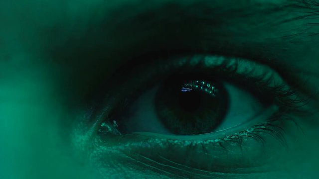 Person driving home in evening, extreme eye closeup, transportation, traffic