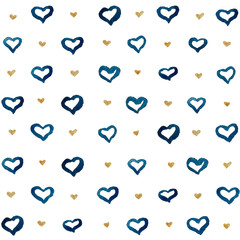 Strict seamless pattern of hollow and dense watercolor hearts of gold and indigo colors
