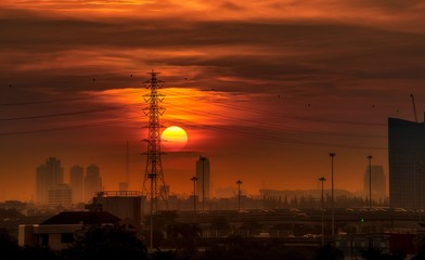 Morning sunrise In the expressway atmosphere Location Bangkok, Thailand