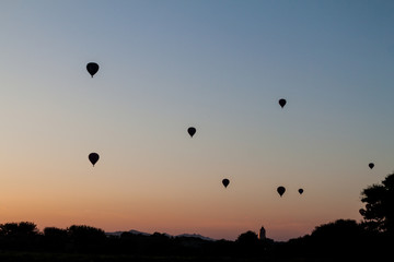 Silhouettes of hot air balloons in Bagan, Myanmar