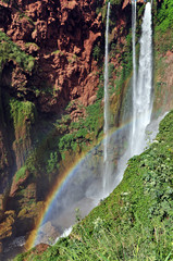 Detail of Cascade D Ouzoud waterfall with rainbow. UNESCO. Morocco.