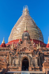 Dhammayazika Pagoda in Bagan, Myanmar. Pagoda is under a scaffolding because of repairs after the...
