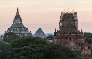 Early morning light skyline of Bagan, Myanmar. Sulamani temple and Shwesandaw pagoda.