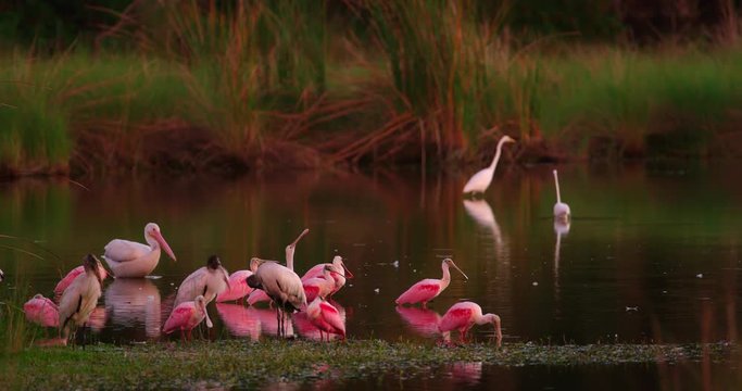 Large flock of Roseate Spoonbill birds roosting on the shore of a wetland pond in the Florida everglades at sunset.  Wood storks and a white Pelican join them.