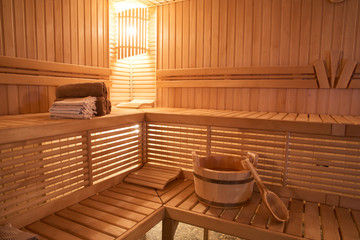 Fototapeta na wymiar Wooden Sauna, wet area, steam, recreation zone